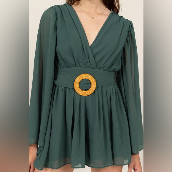 36B. Plunging Neck Line Bell Sleeve Romper - Green - Picture 3 of 5